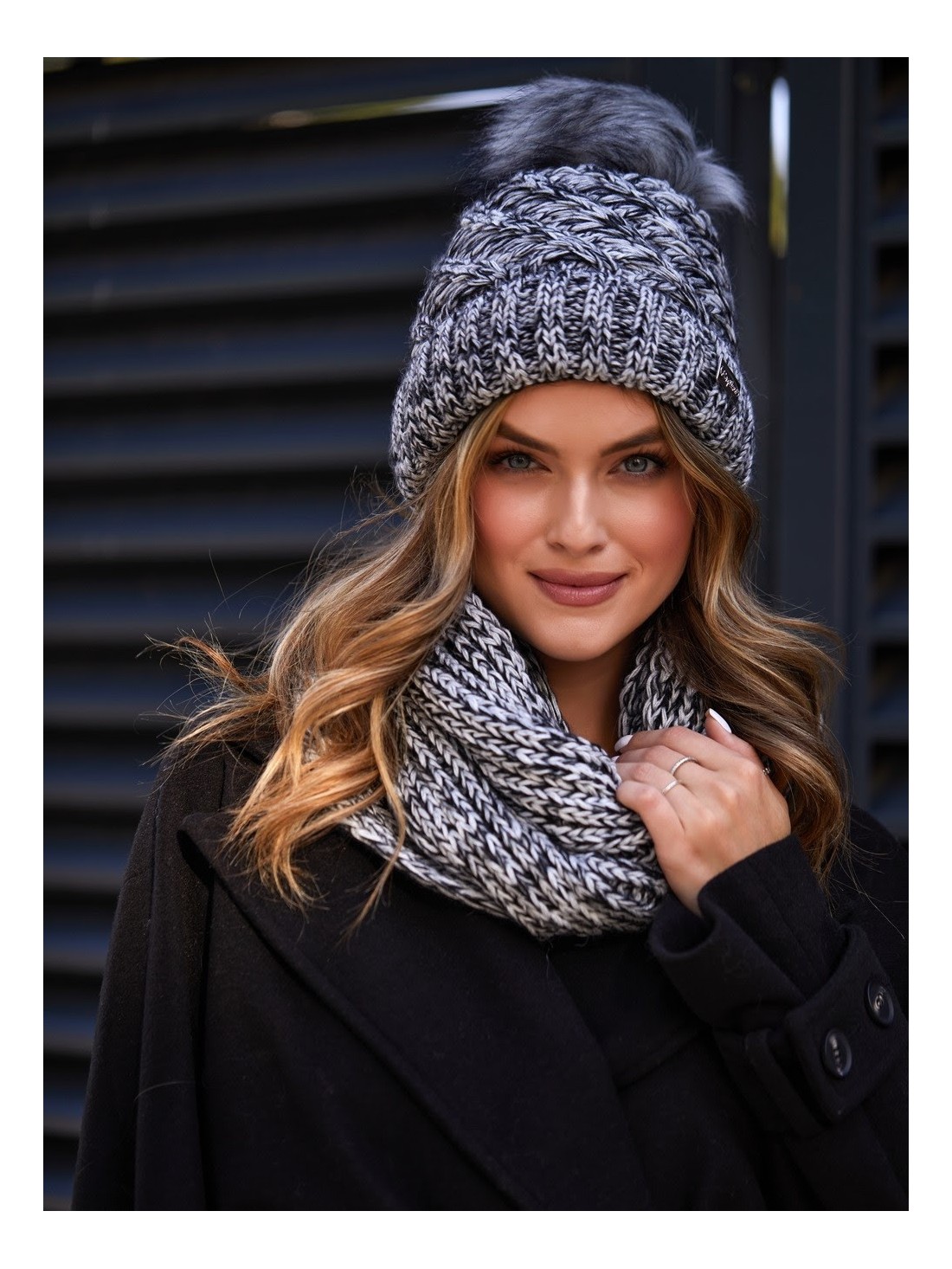 Warm women\'s set with a scarf, light gray and black C34 - Online store - Boutique